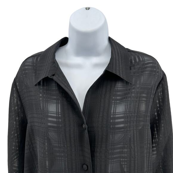 Liz Baker Sheer Shirt WMNS 14 Black Textured Grid Long Sleeve Button Up Bouse - Picture 4 of 10